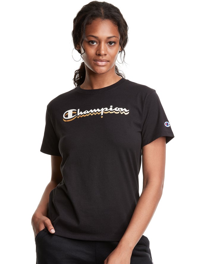 Champion T-Shirt Dames - Zwart - Classic Drop Shadow Foil Script Logo ( 062435-WUV )